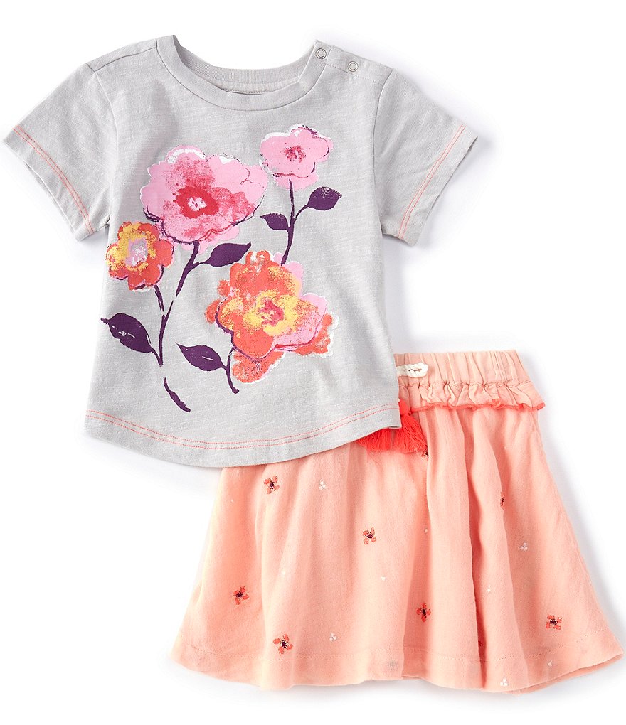 Peek Baby Girls 3-24 Months Short-Sleeve Floral Tee & Embroidered Skirt Set