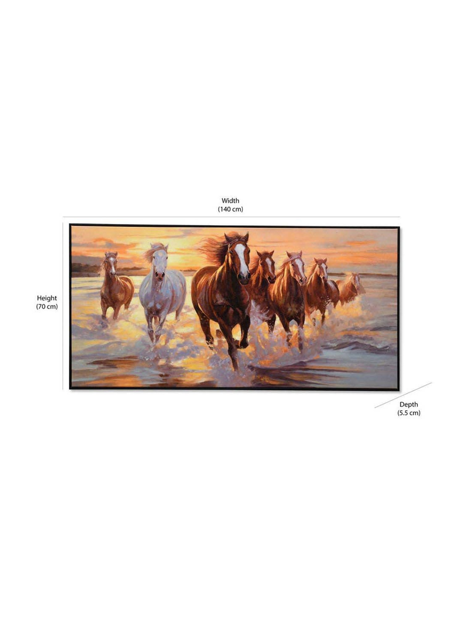 @home Brown Canvas Seven Horses On Water Wall Painting