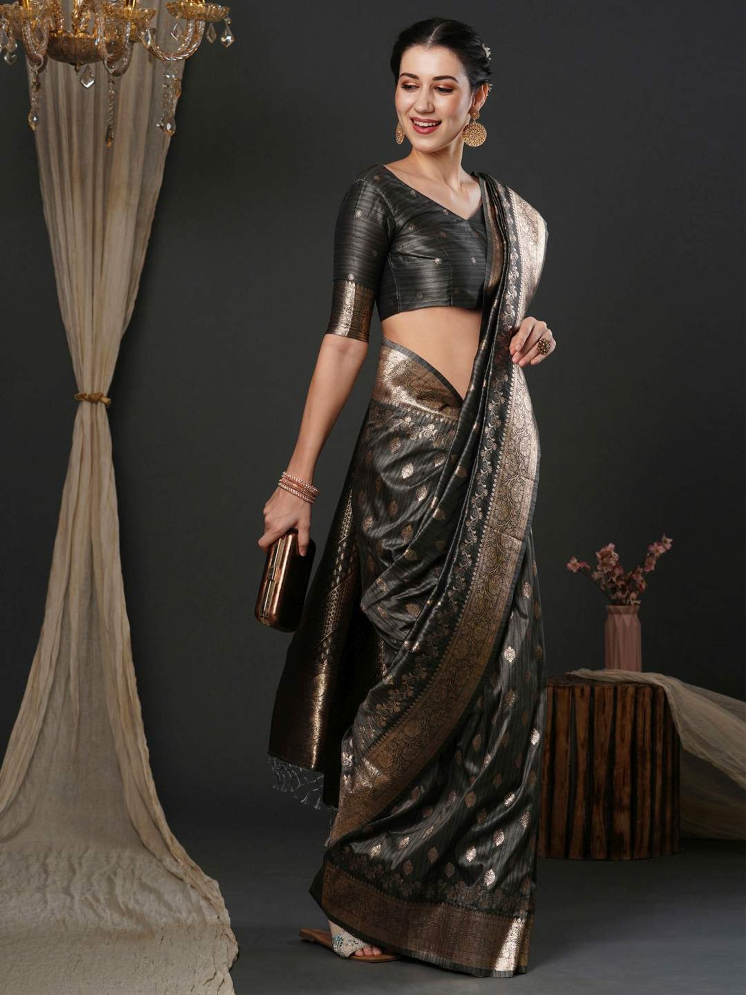 Saree Mall Grey Woven Saree With Unstitched Blouse
