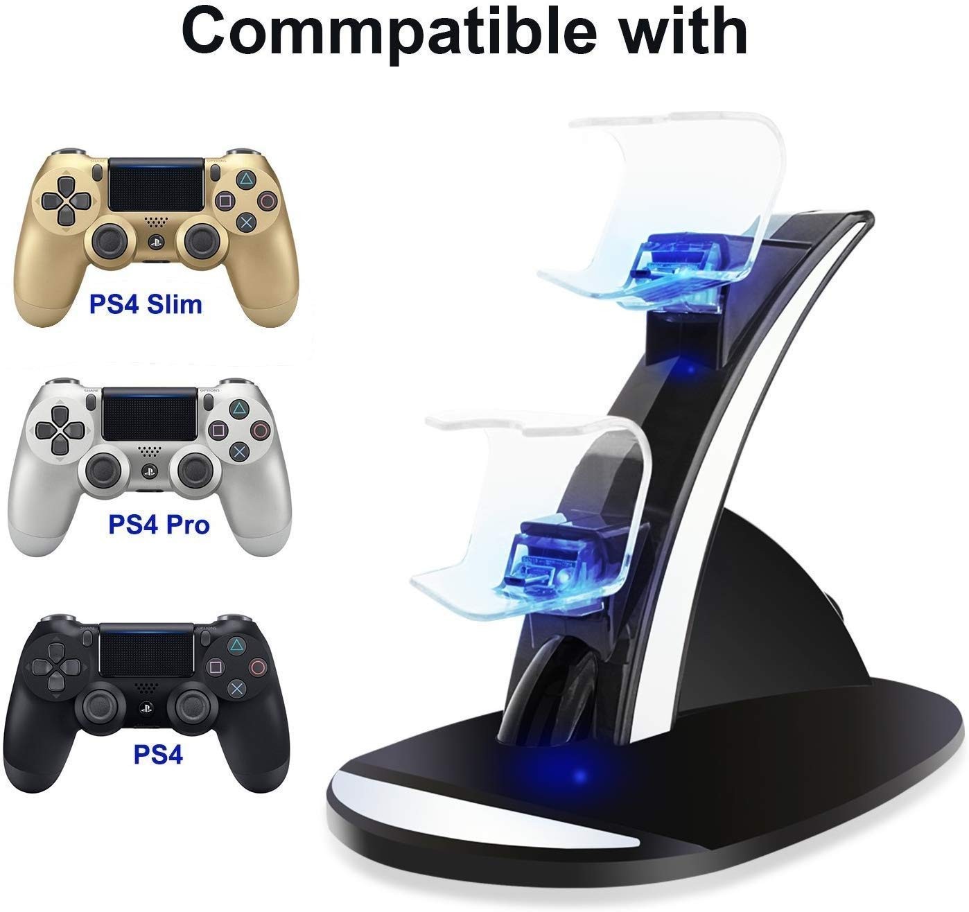 Nurbenn PS4 Controller Charger PlayStation4 Controller Charger Station for Sony PS4/ PS4 Pro/ PS4 Slim Controller with Solid Light Strap