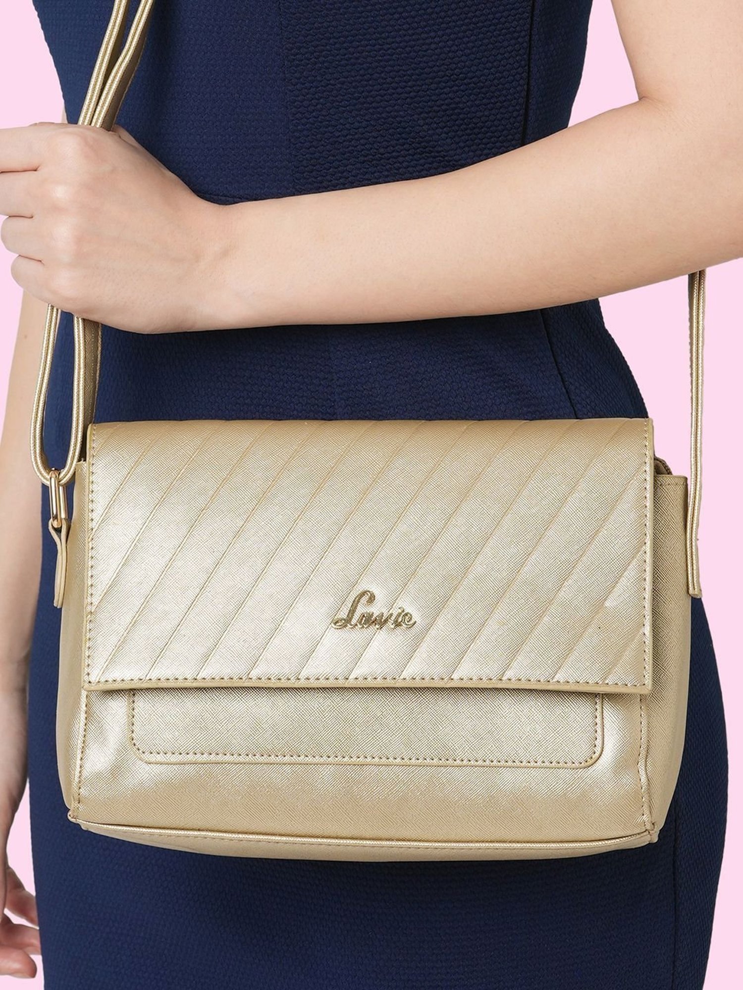 Lavie Golden Small Textured Sling Handbag