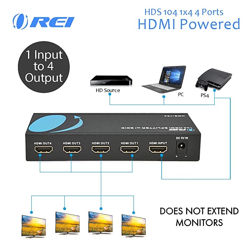 4K 1x4 HDMI Splitter 1 in 4 Out by  - Ultra HD @ 30 Hz 1x4 Ver. 1.4 HDCP, Power HDMI Supports 3D Full HD 1080P for Xbox, PS4 PS3 Fire Stick Blu Ray Apple TV HDTV - Adapter Included