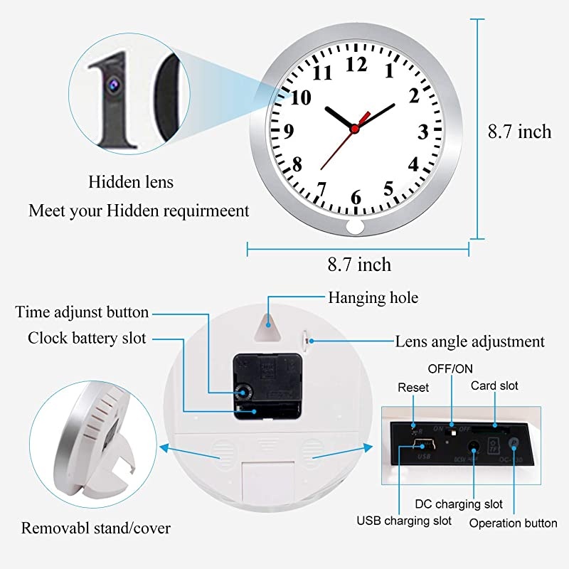 Hidden Camera Wall Clock Spy Camera Nanny Cam with PIR Motion Detection Indoor Covert Security Spy Camera for Home and Office No WiFi Function