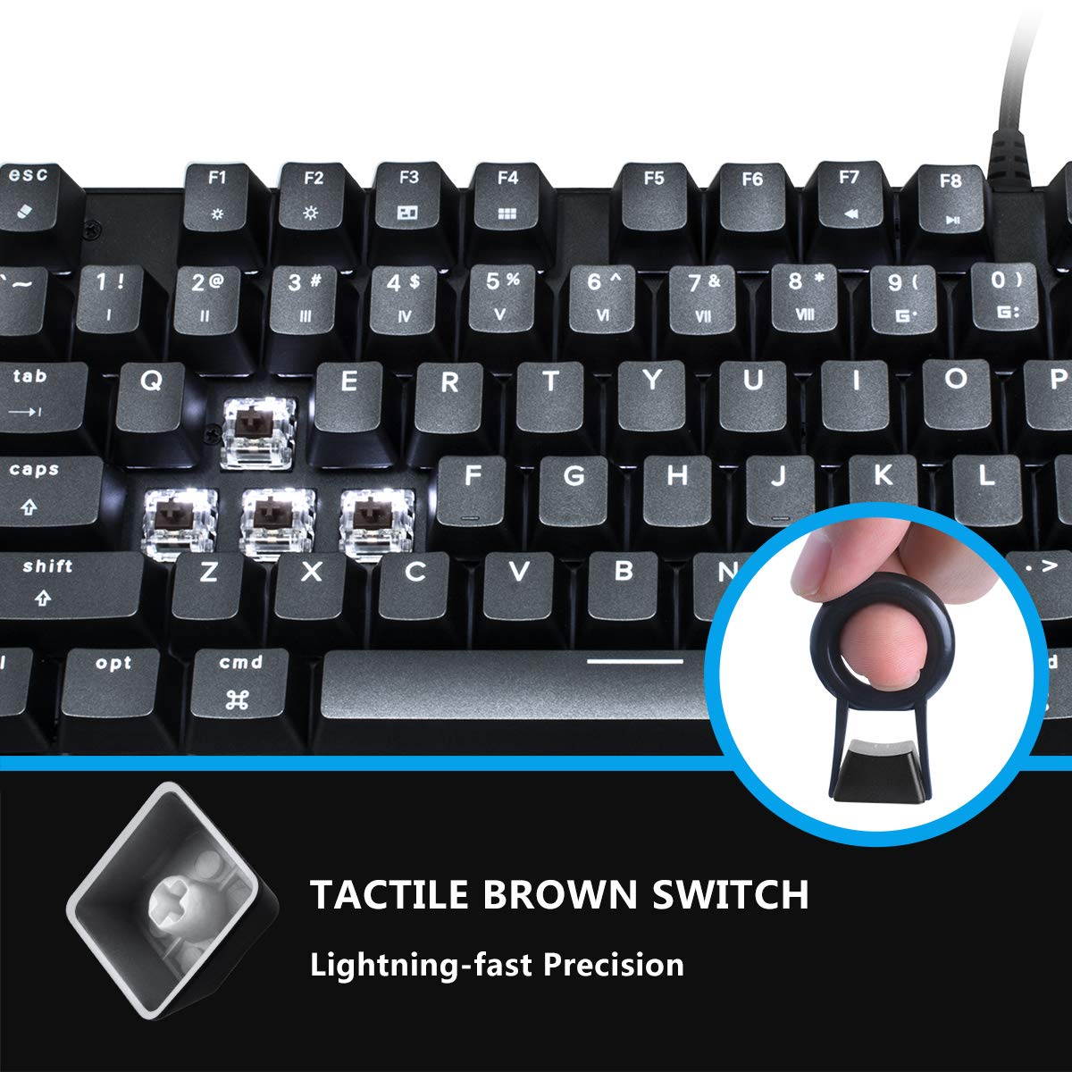 VELOCIFIRE TKL02 Wireless Plugable Mechanical Keyboard 87 Key Tenkeyless Ergonomic with Low Profile Quiet Brown Switches, and White LED Backlit for Copywriters, Typists, and Programmers