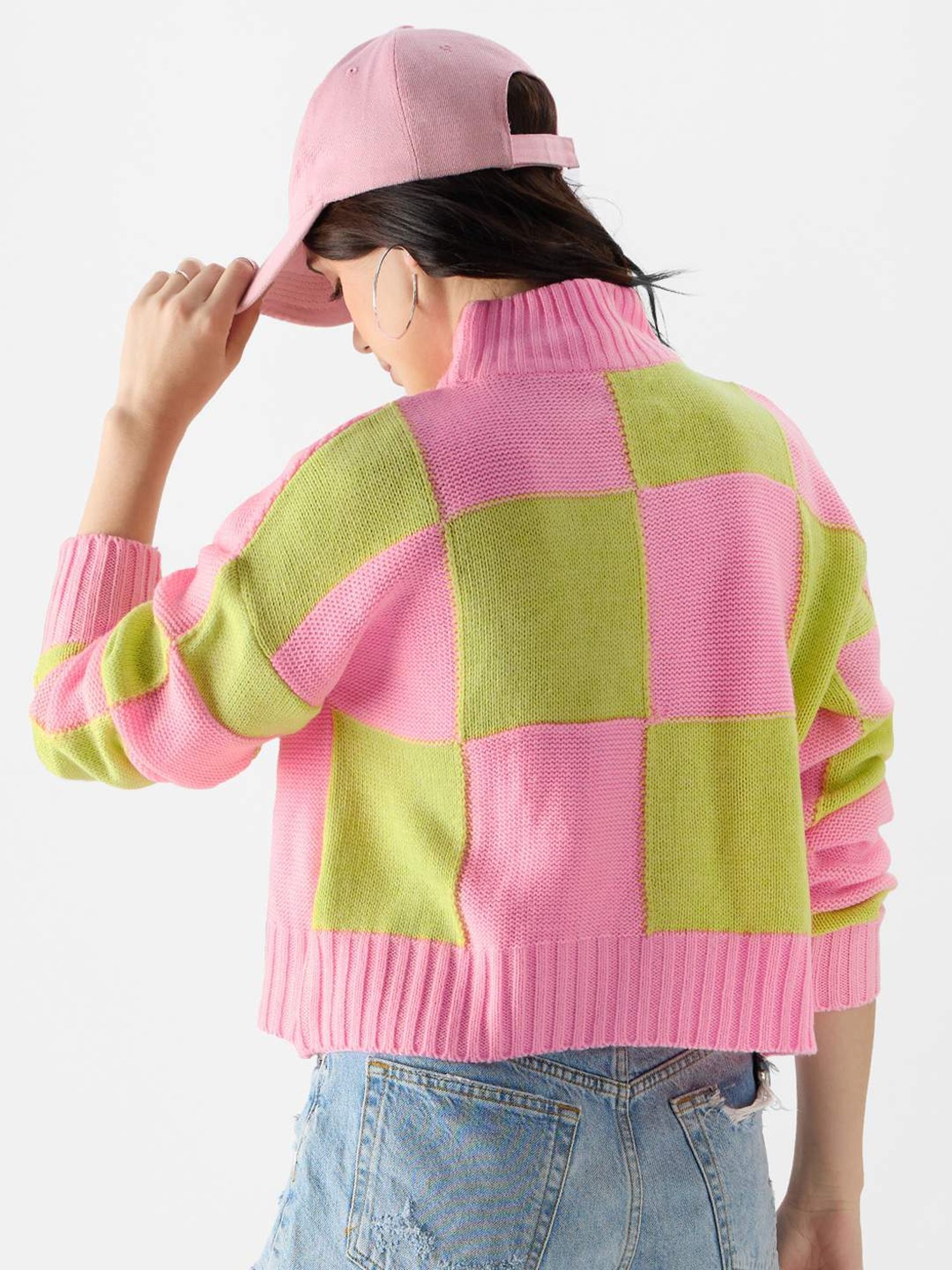 The Souled Store Green & Pink Cotton Color-Block Sweater