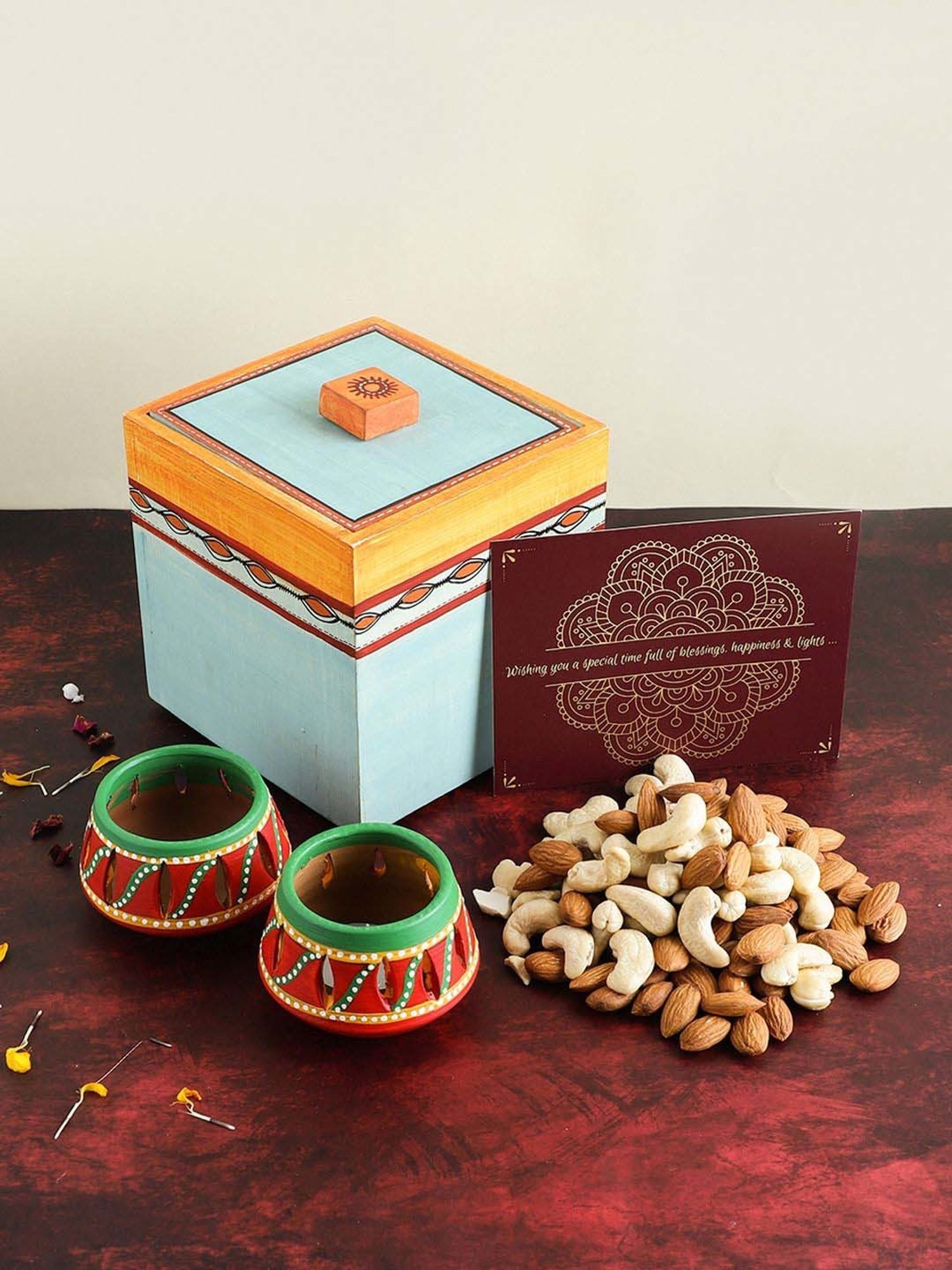 VarEesha Upahaar Blue & Red Wood Decorative Gift Box with 2 Tea Light Holders