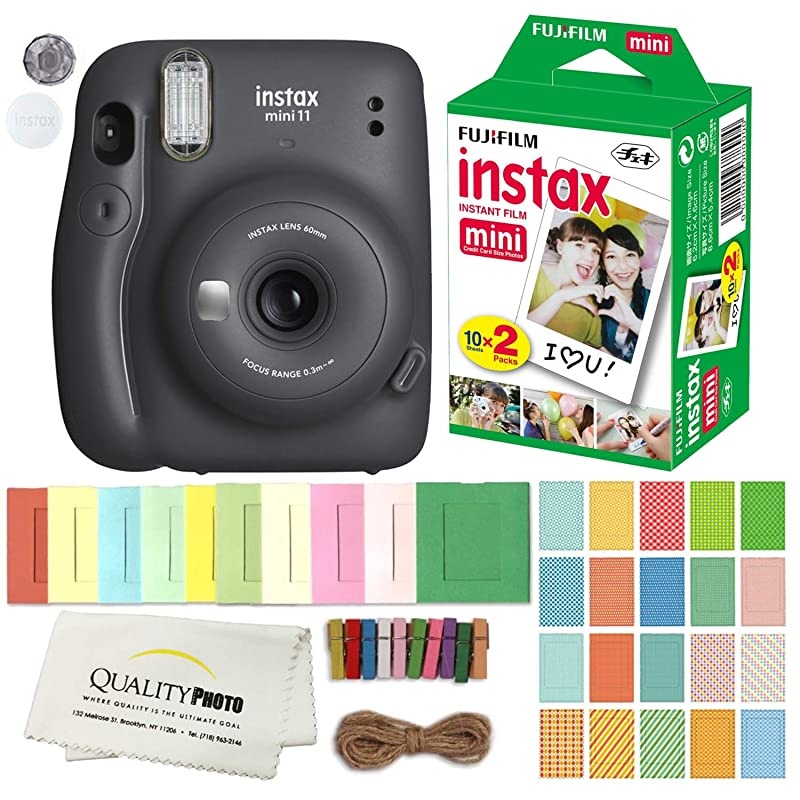 INSTAX Mini 11 Instant Film Camera Plus Instax Film and Accessories Stickers, Hanging Frames and Microfiber Cloth (Charcoal Gray)