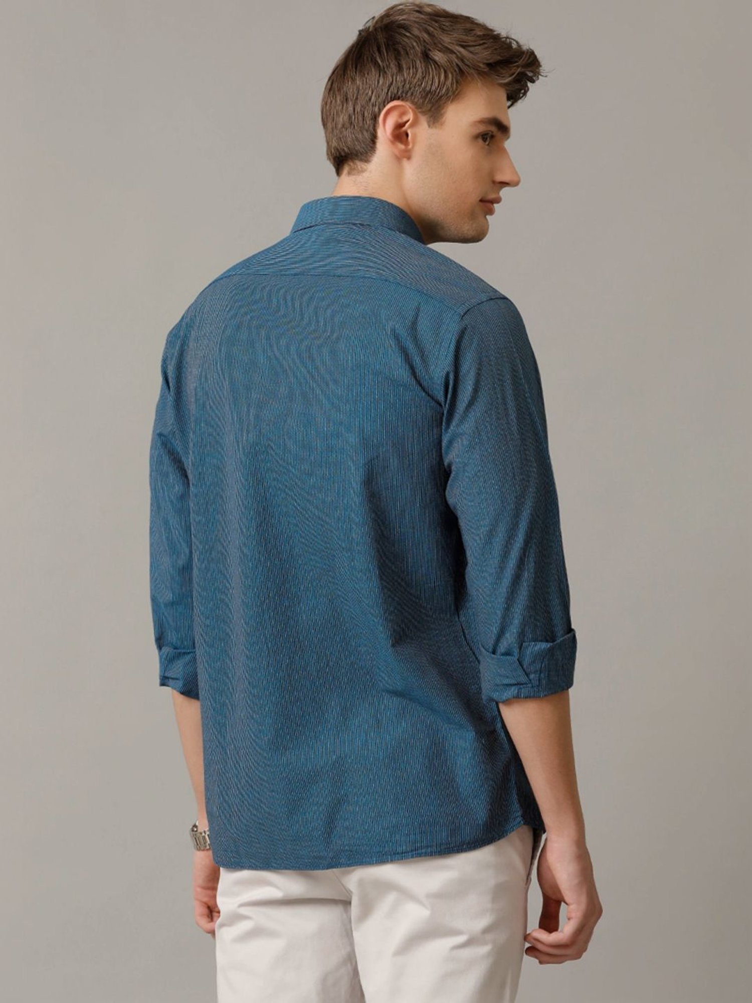 Cavallo By Linen Club Blue Linen Contemporary Fit Texture Shirt