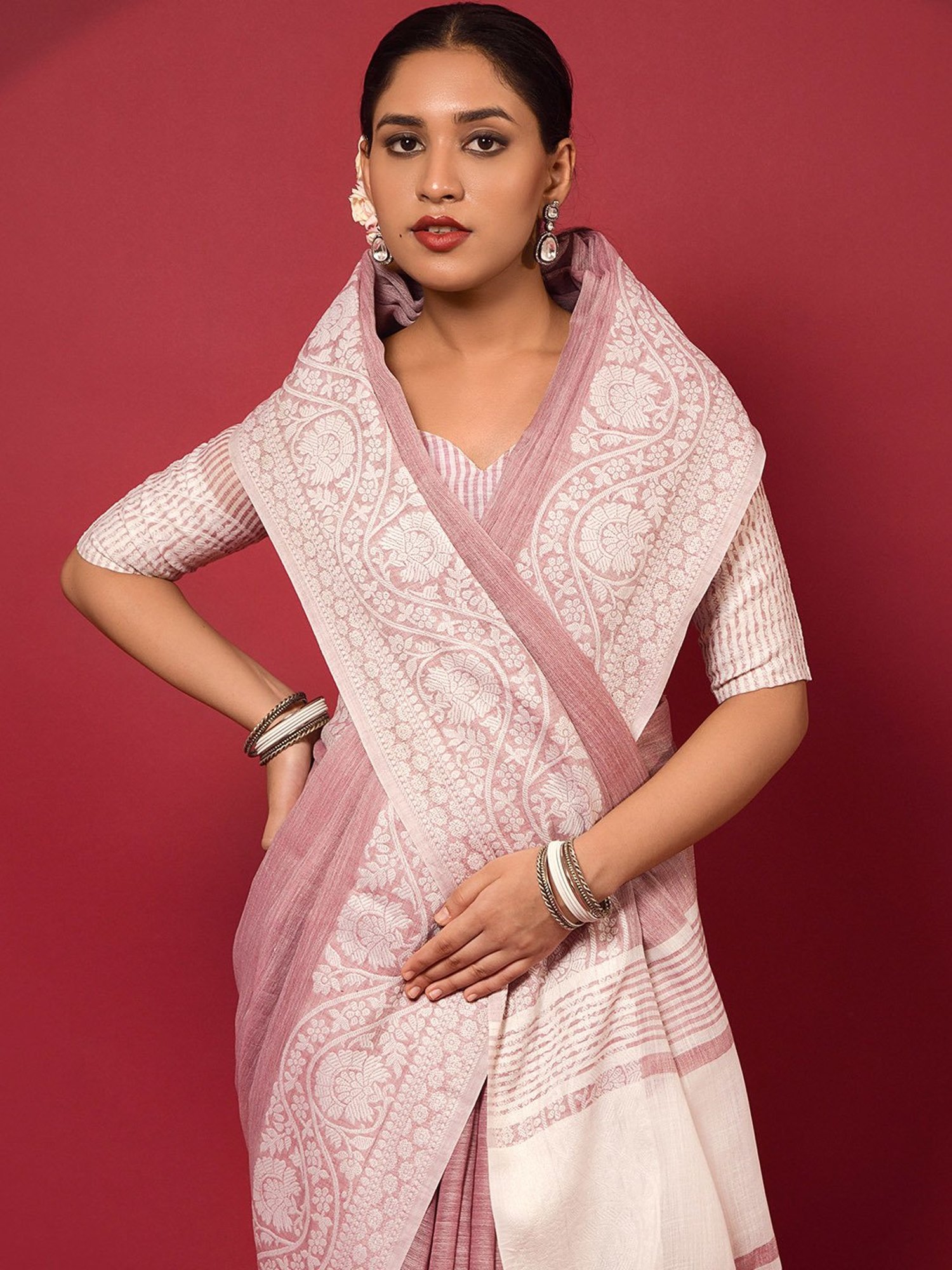 Elora Pink Linen Woven Saree With Unstitched Blouse