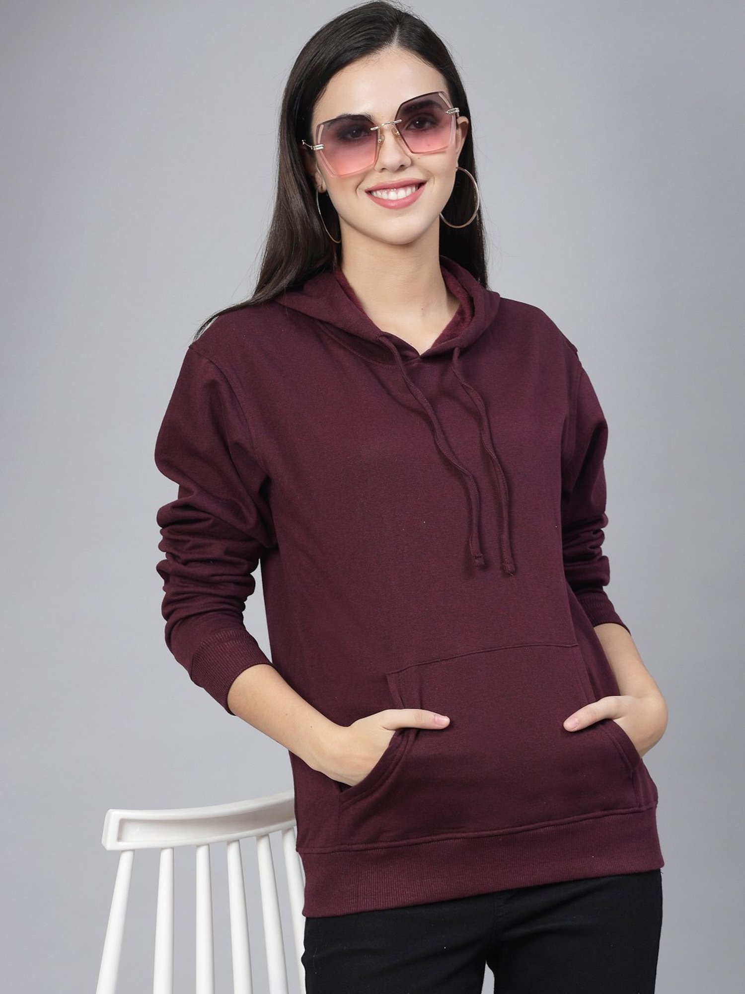 Style Quotient Wine Cotton Regular Fit Hoodie