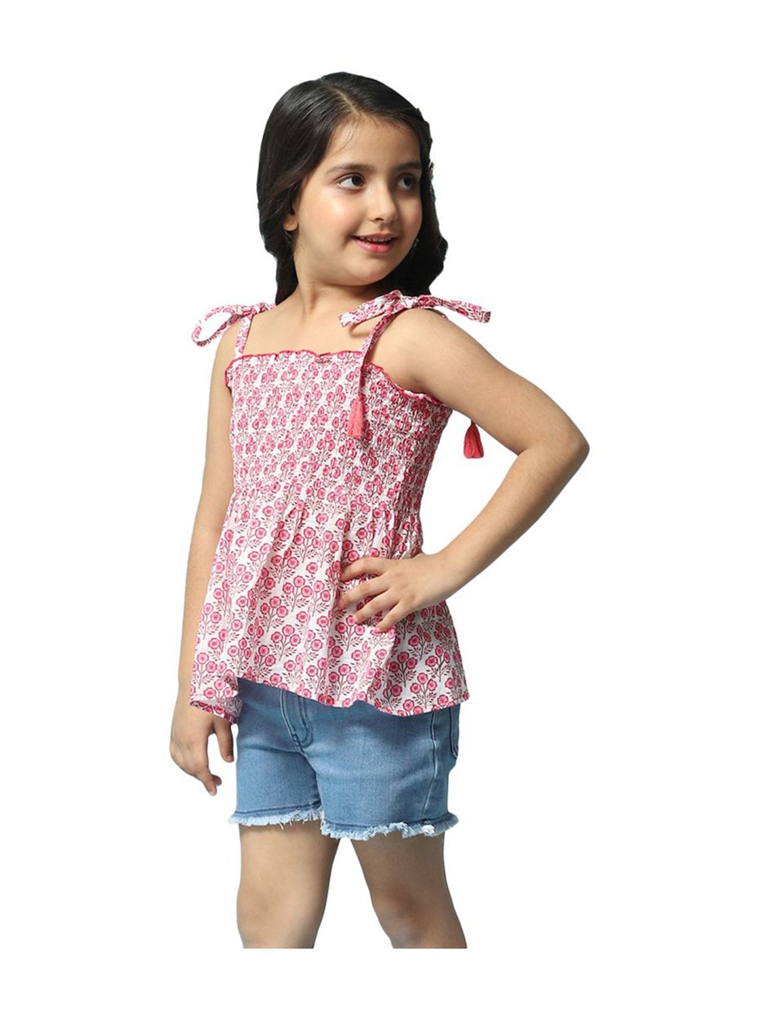 BIBA Girls Pink & White Cotton Printed Top