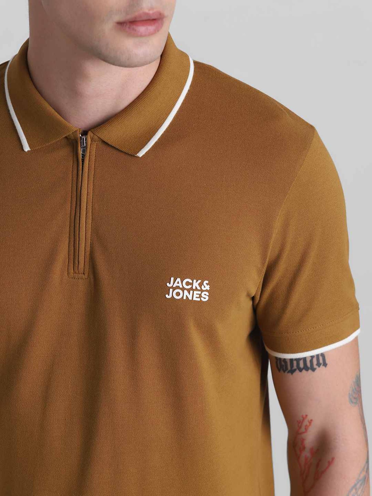 Jack & Jones Bronze Brown Cotton Slim Fit Polo T-Shirt