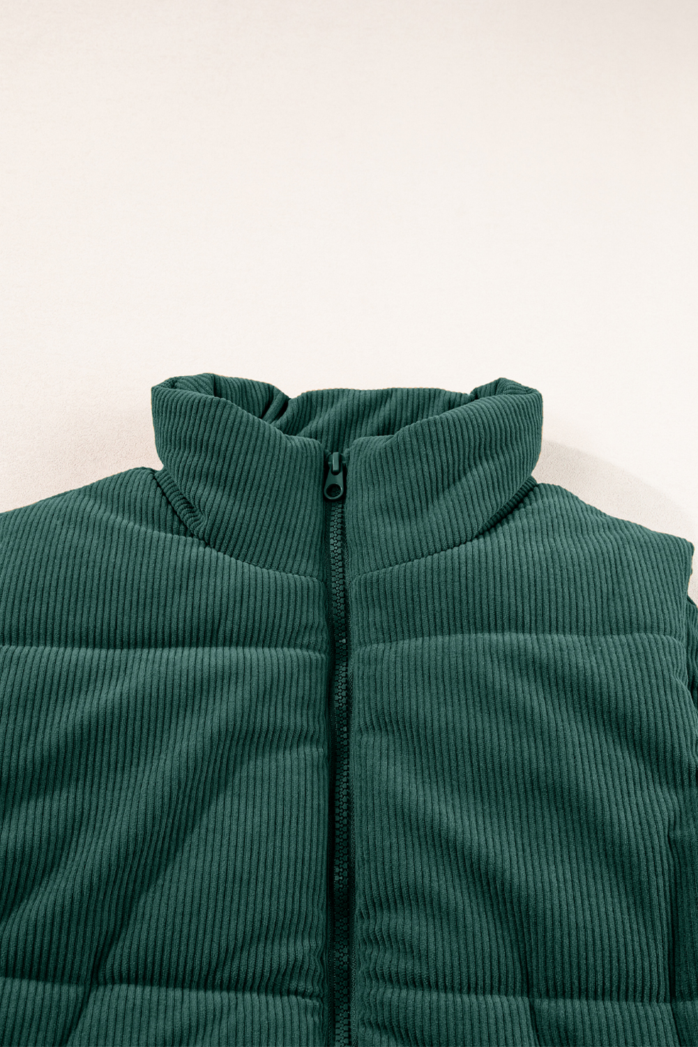 Jungle Green Solid Color Corduroy Puffer Vest Coat