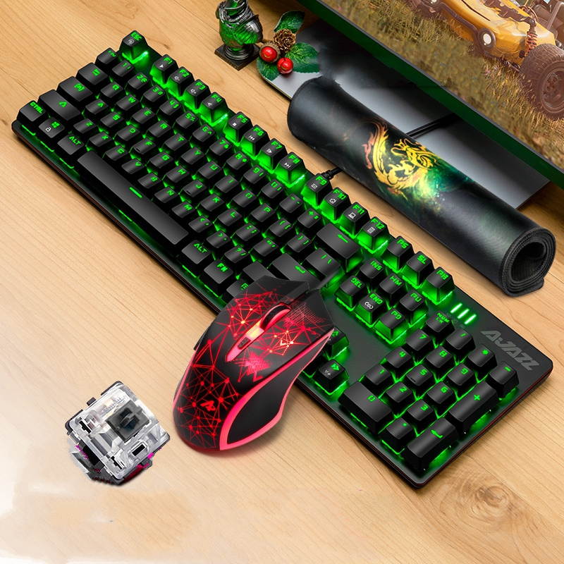 Ajazz AJ119  26 Anti-ghosting Keys, Ergonomic Design, Cool Exterior USB Wired Black Mechanical Green Color Backlit LED Keyboard And 2400DPI  Mouse Combo For Office And Game-Black