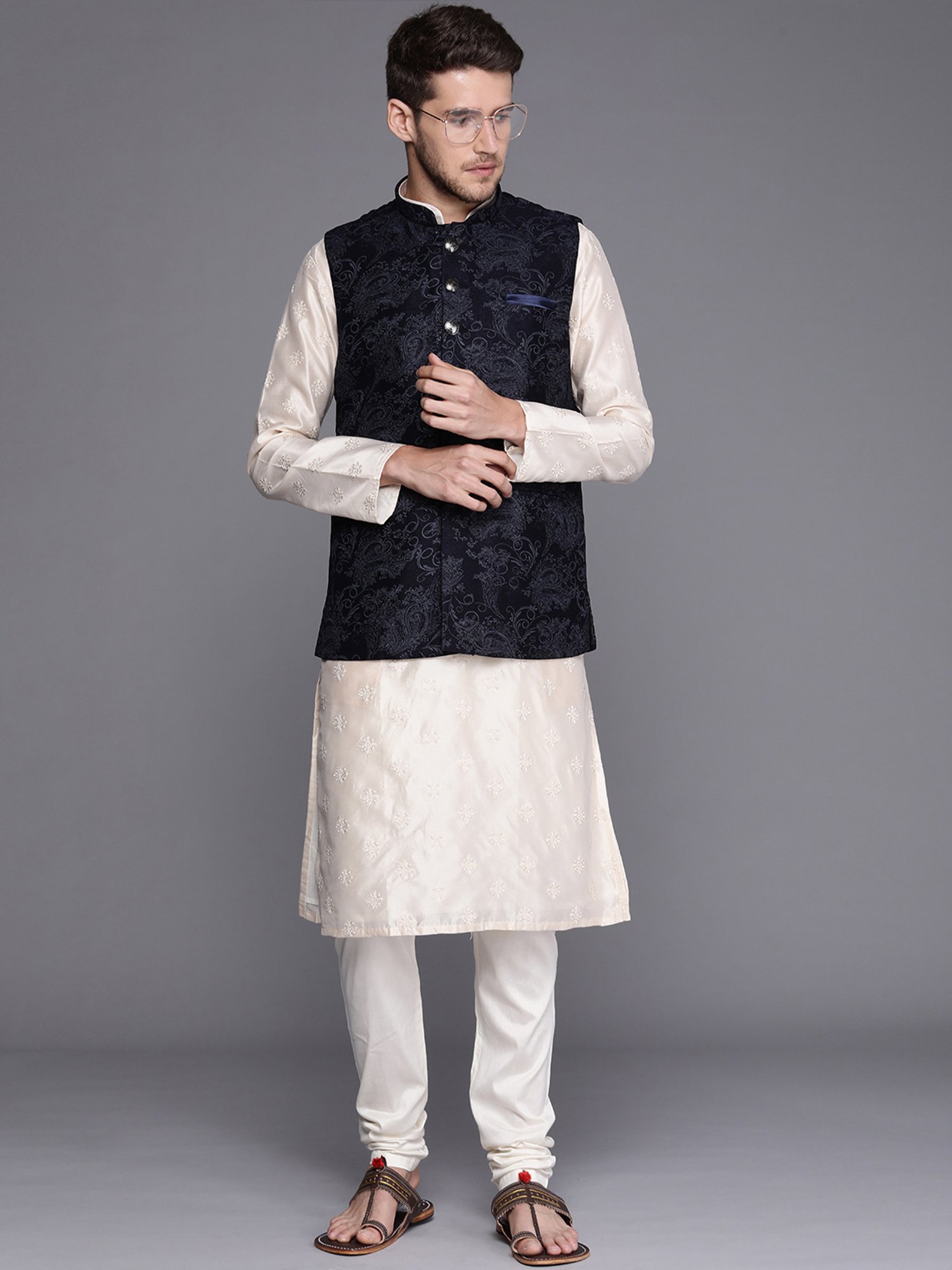 Manyavar Dark Blue Regular Fit Self Design Nehru Jacket
