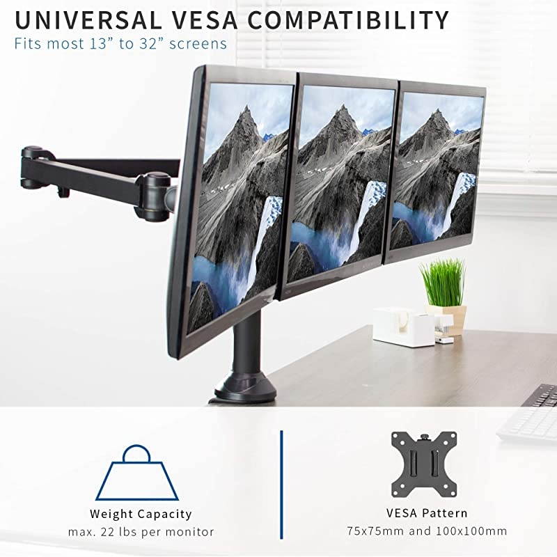 Triple 23 to 32 inch LED LCD Computer Monitor Desk Mount VESA Stand, Heavy Duty Fully Adjustable Tilt, Swivel, and Rotation, Fits 3 Screens, Black, STAND-V103