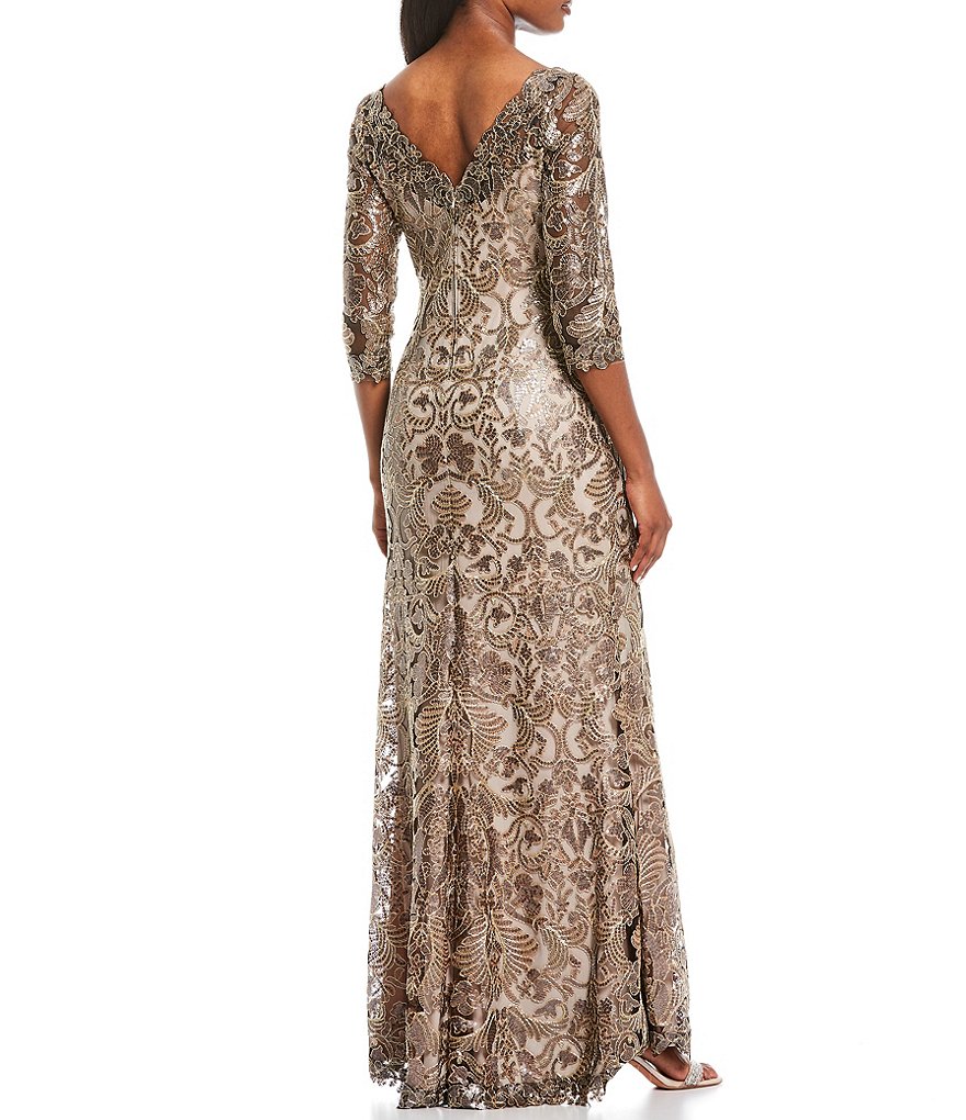 Tadashi Shoji Illusion Sleeve Boat Neck Sequin Corded Lace Gown