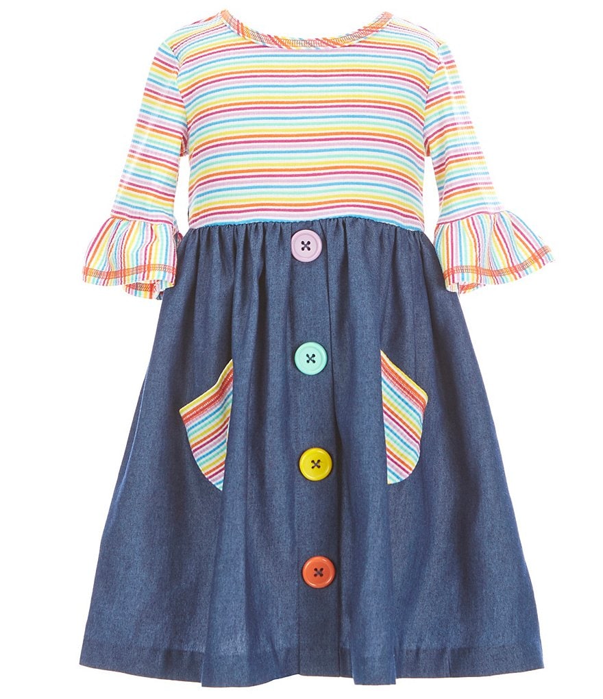 Bonnie Jean Little Girls 2T-6X Rainbow Stripe Knit/Denim Fit-And-Flare Dress