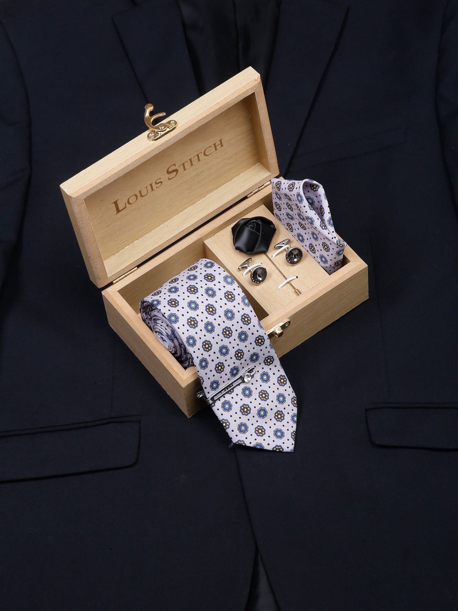 Louis Stitch Blue Printed Necktie Gift Set - Set of 3