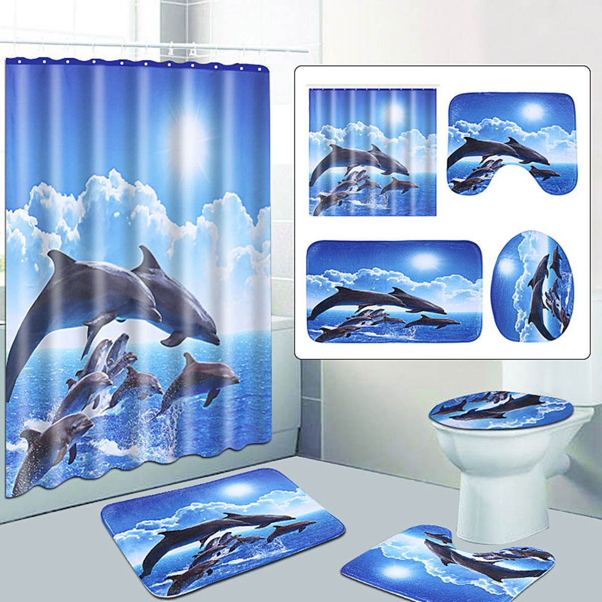 Shower Curtain Bath Pad Pedestal Rug Lid Toilet Cover Art Fashion Dolphin Type B