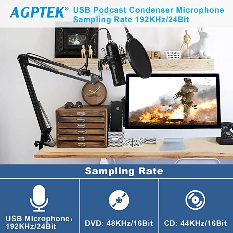 USB Microphone Kit,  192KHz/24Bit USB Condenser Studio Podcast Microphone with Scissor Arm Stand, Metal Shock Mount, Pop Filter, Mounting Clamp, Metal Tripod, Mic Windscreen & Cable