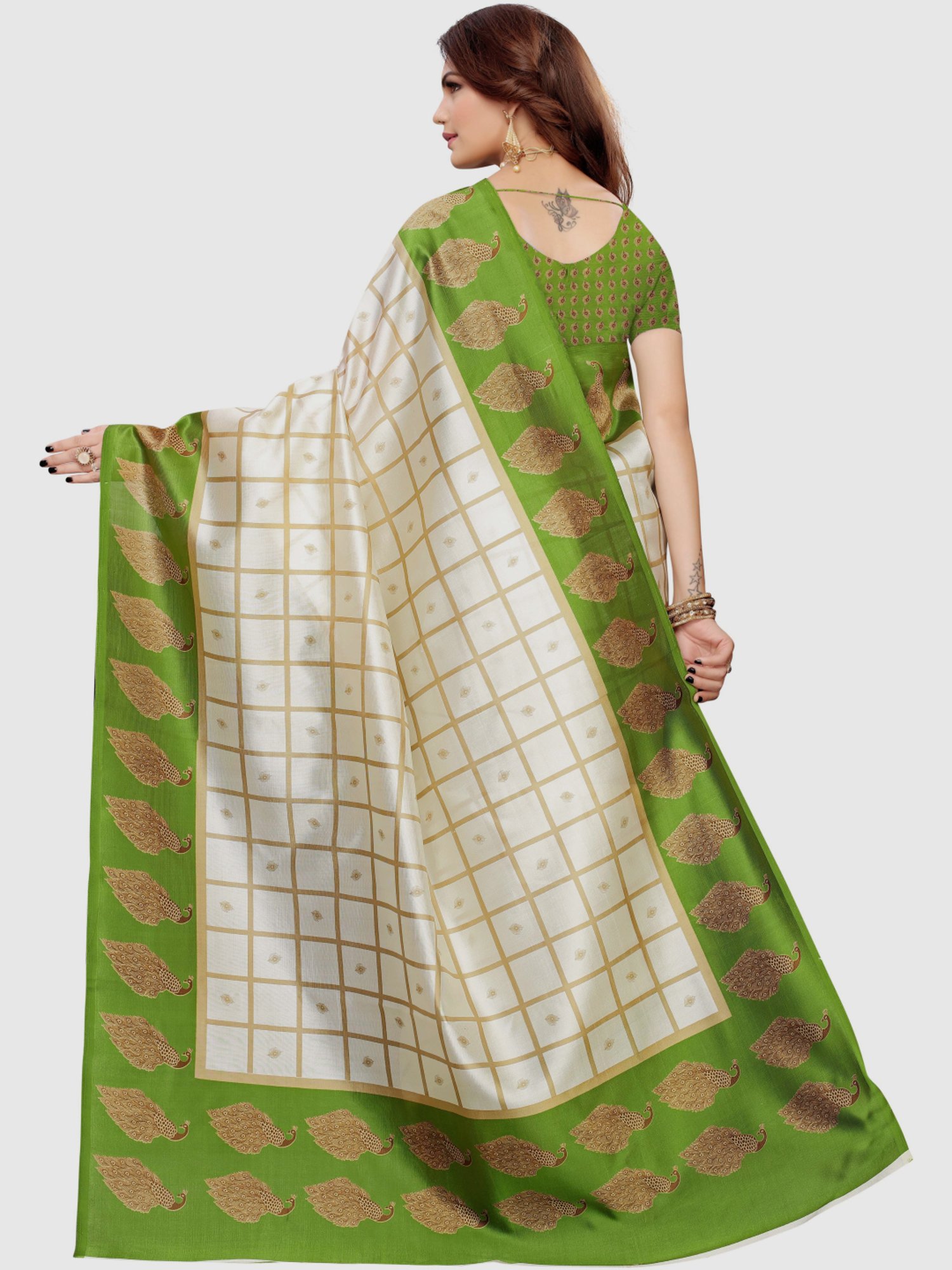 KSUT Off-White & Green Printed Saree With Blouse
