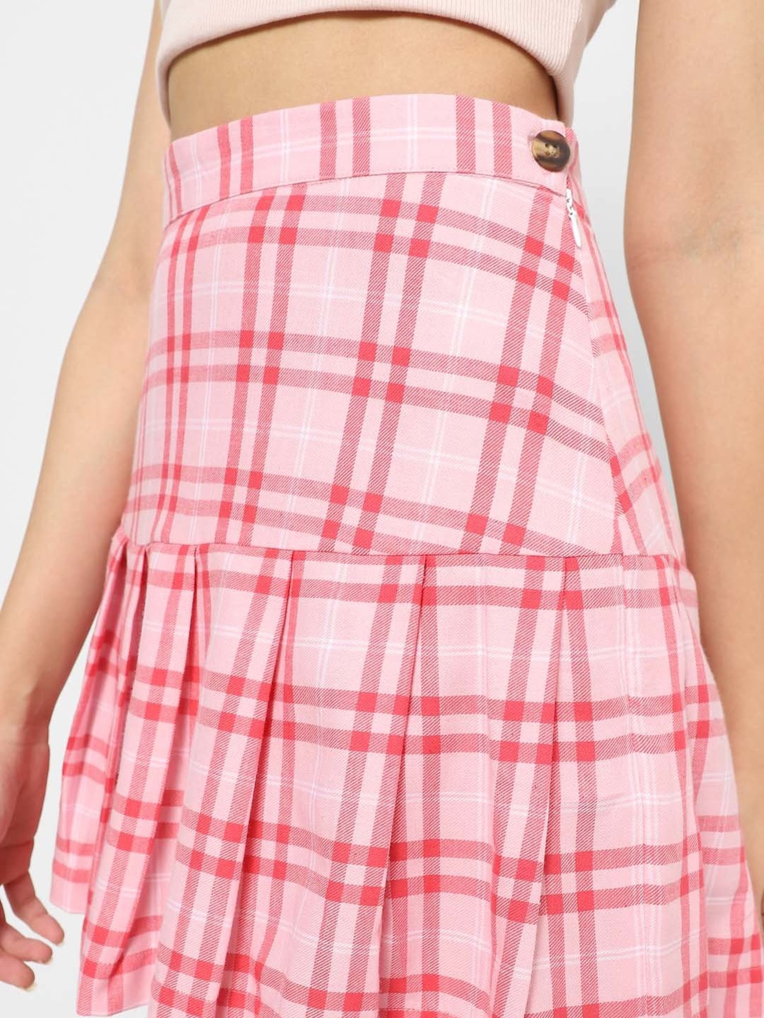 VASTRADO Pink Cotton Chequered Mini A-Line Skirt