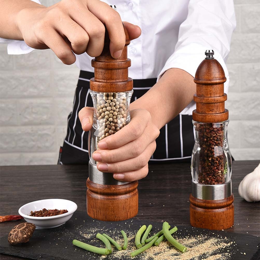 1pc Kitchen Gadget Acrylic Manual Pepper Grinder Seasoning Bottle Box Salt Pepper Container (Brown 8" OPP Package)