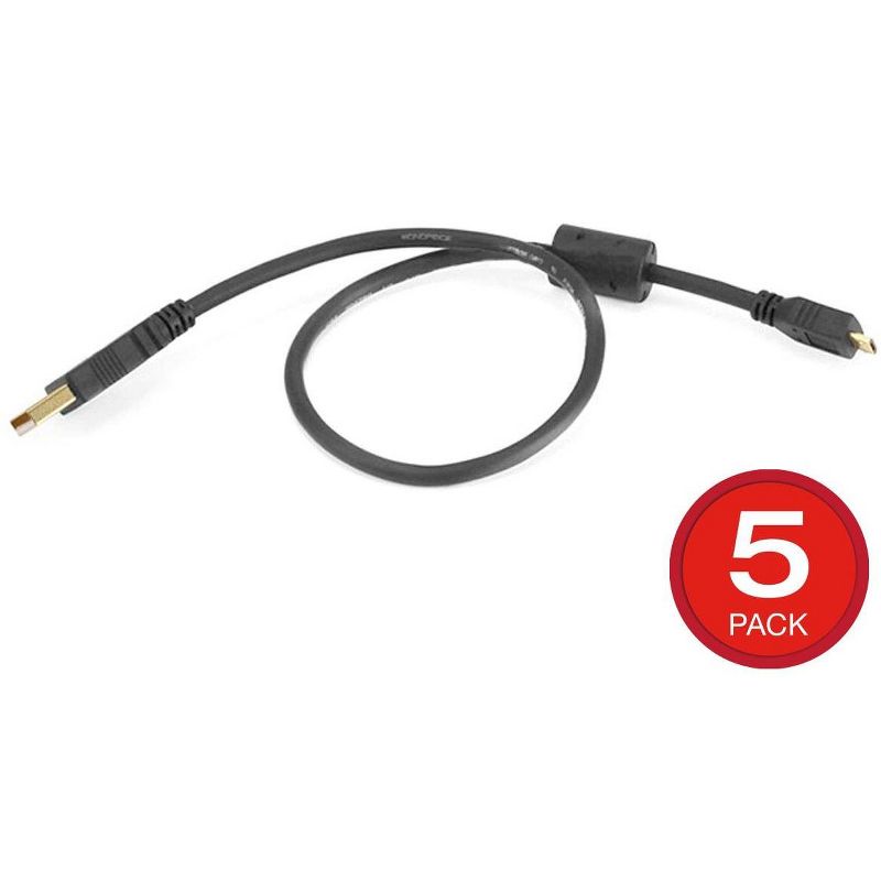 Monoprice USB-A to Micro B 2.0 Cable - 1.5 Feet - Black (5-Pack) 5-Pin, 28/24AWG, Gold Plated, With Single Ferrite Core