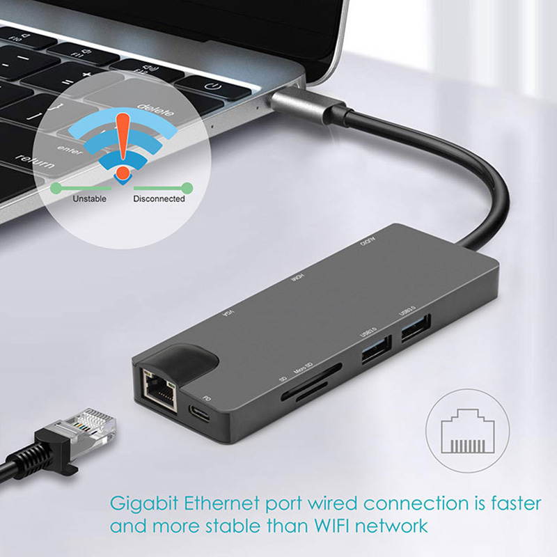 USB C Hub, Hannord 9-in-1 USB C Adapter with 4K USB C to HDMI,VGA, USB C Charge, 2 USB 3.0, SD/TF Card Reader, USB C to 3.5mm, Gigabit Ethernet, USB C Dock Compatible MacBook Pro 13/15 (Thunderbolt 3)