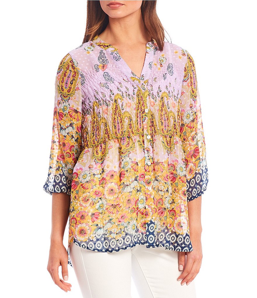 Figueroa & Flower Lovelyn Floral Mixed Print Smocked Yoke Button Front 3/4 Sleeve Blouse