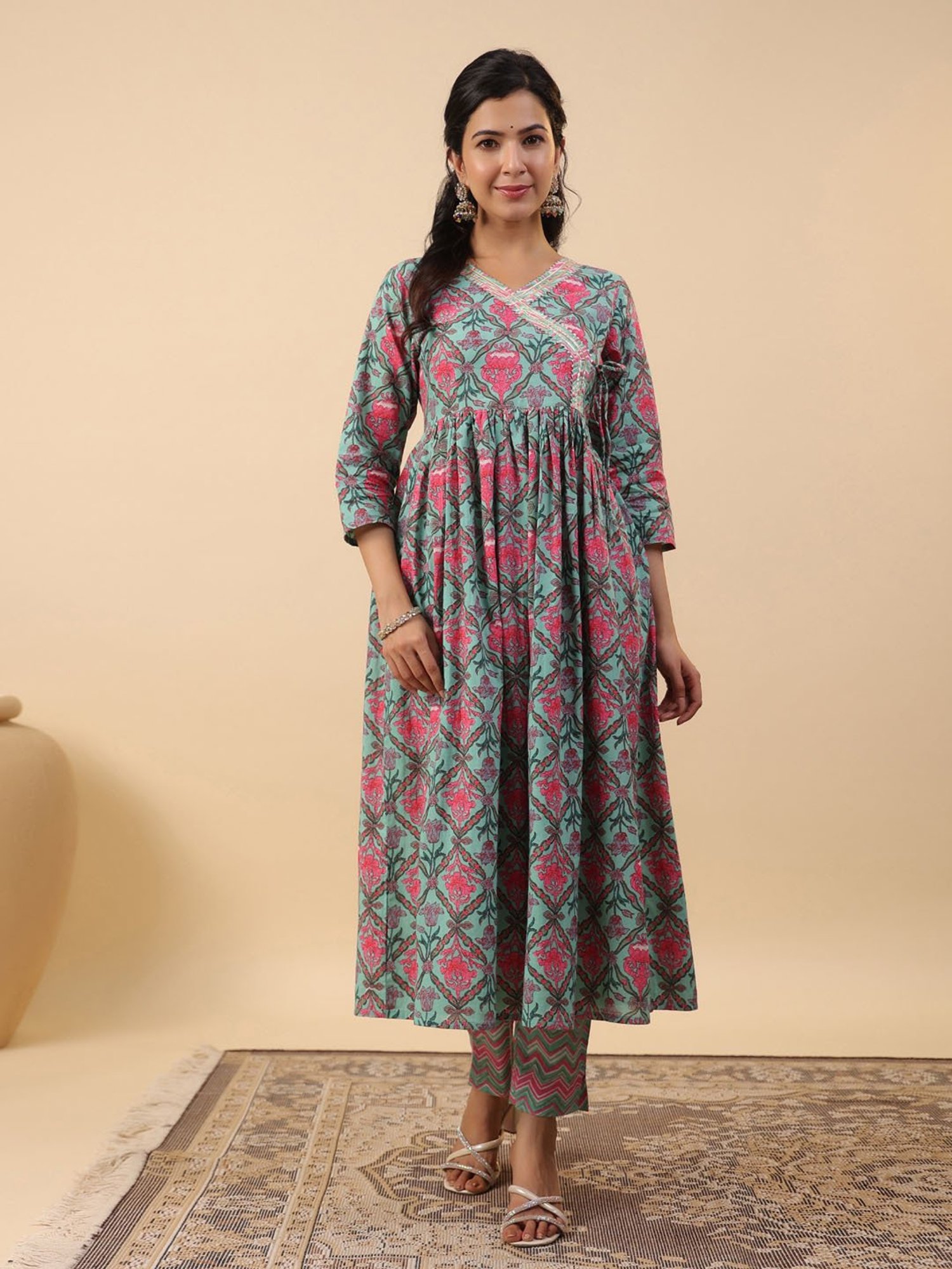 Janasya Aqua Cotton Kurta With Pants