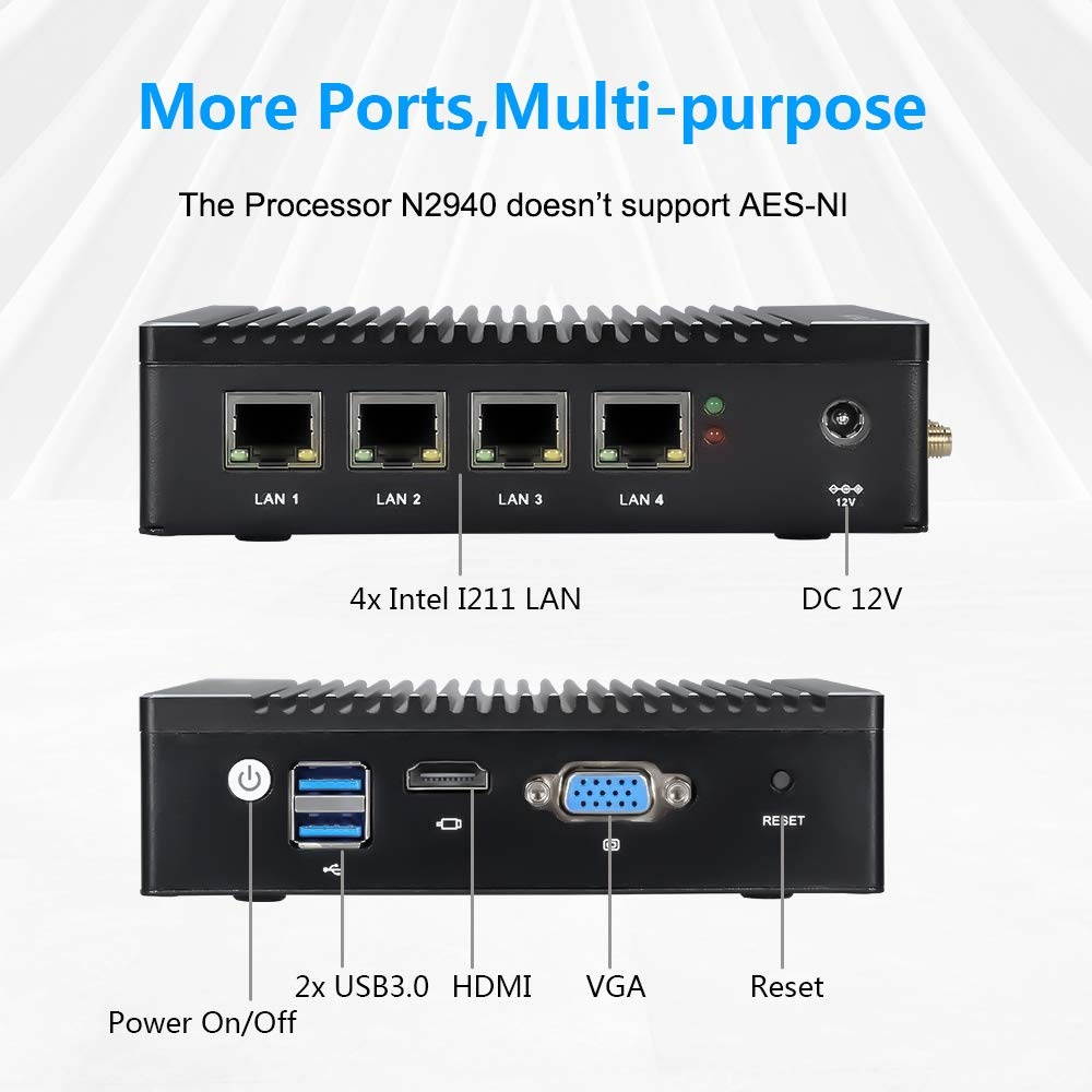 Vnopn Fanless Mini PC Intel Celeron N2940 Quad-core Small Computer with Windows 10 Pro License, 8G RAM 128G SSD, 4X Intel Gigabit NIC Firewall/USB 3.0/WiFi/HDMI/VGA, Auto Power on/Wake on LAN