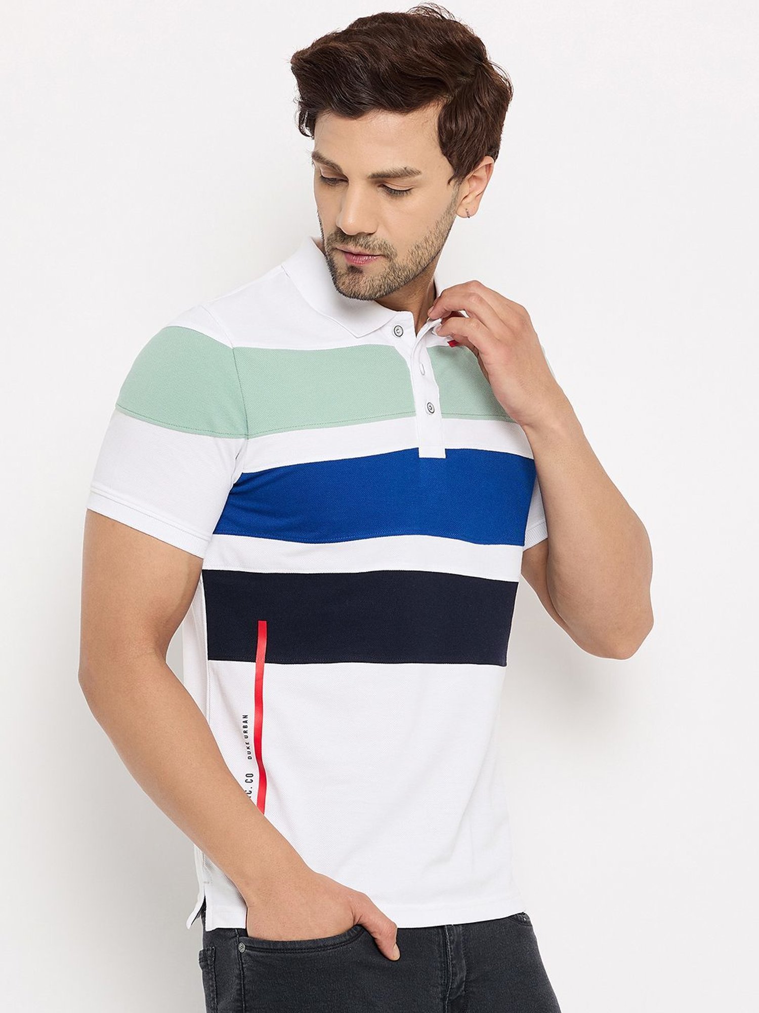 Duke White Slim Fit Striped Polo T-Shirt