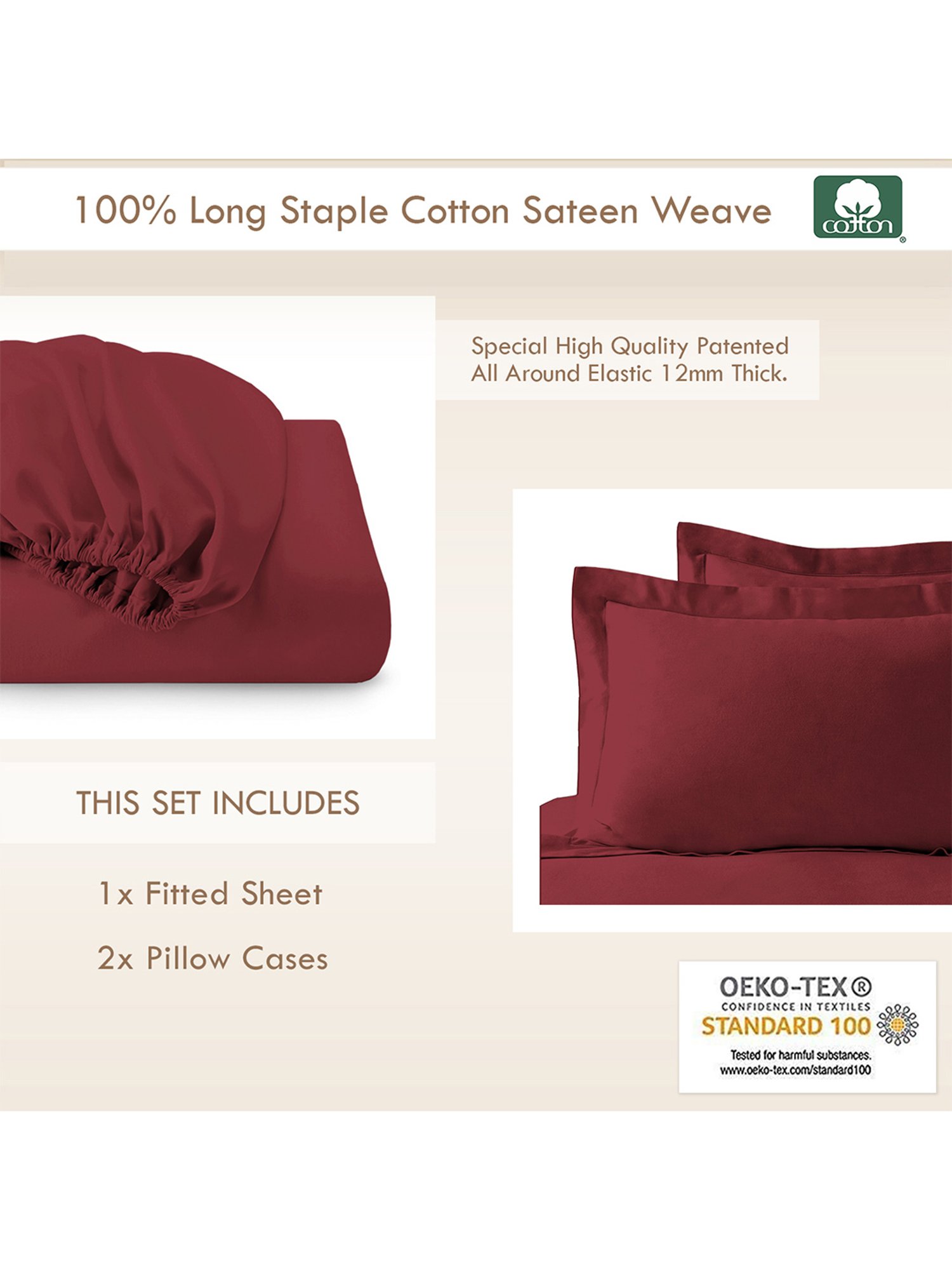 Pizuna Rio Red 400TC Cotton Fitted Bed Sheet with 2 Pillow Covers
