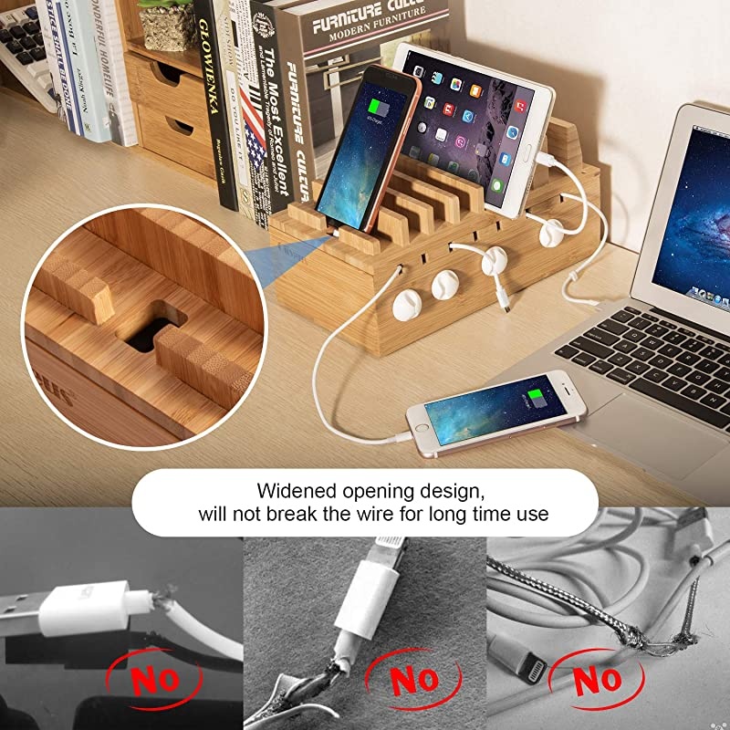 Bamboo Charging Station for 7 Devices, Charging Dock Stand Organizer for Cell Phone, Tablet, Cords Cable Organizer