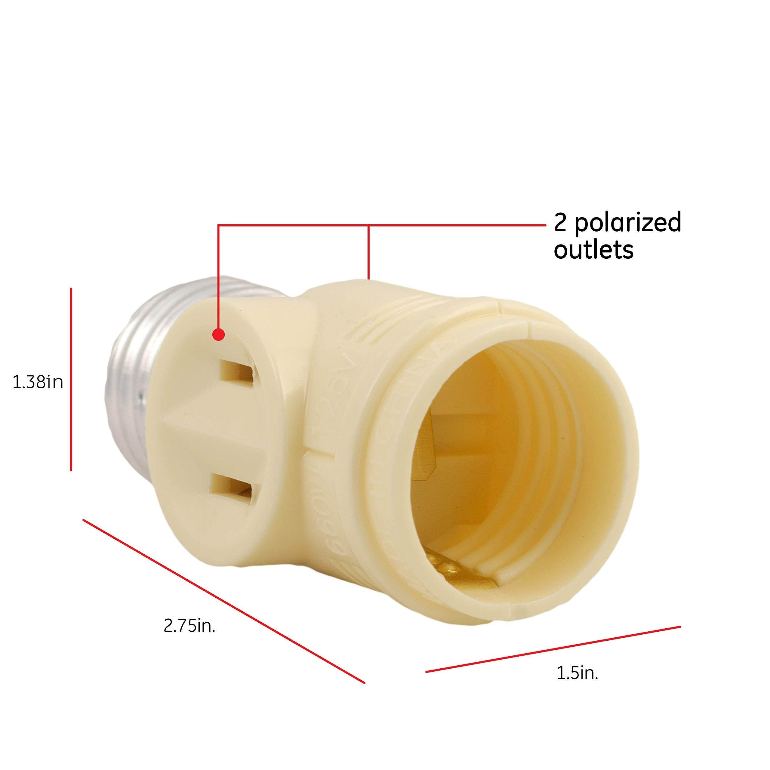 GE Adapter, L, Add Bulb, 2 Prong Polarized Outlets, Medium Base Socket, Use in Workshop, Garage or Utility Room, UL Listed, Light Almond, 54178
