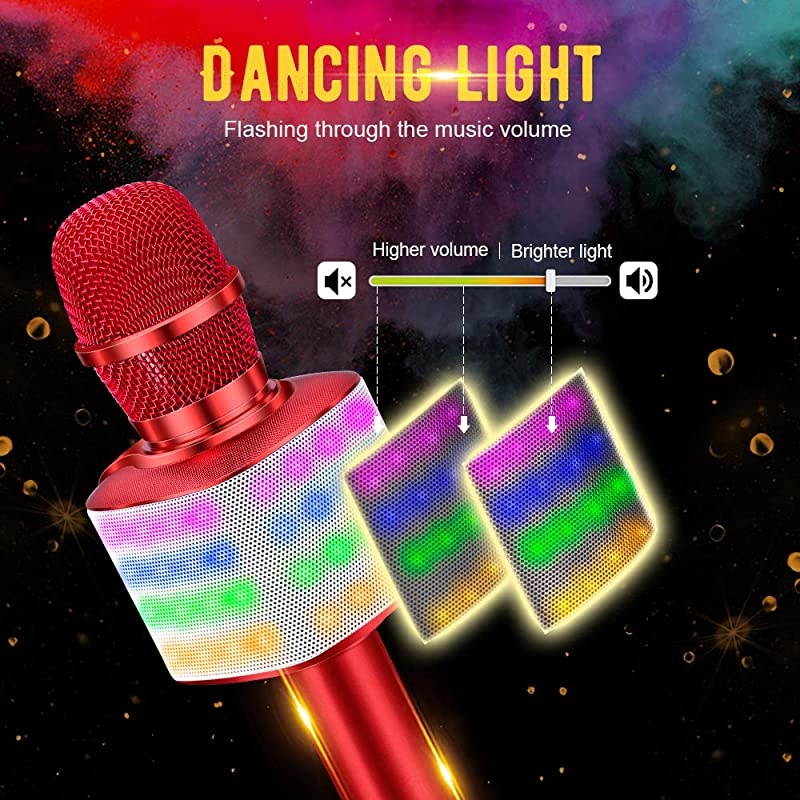 Wireless Bluetooth Karaoke Microphone with controllable LED Lights 4 in 1 Portable Karaoke Machine Speaker for AndroidiPhonePC Red