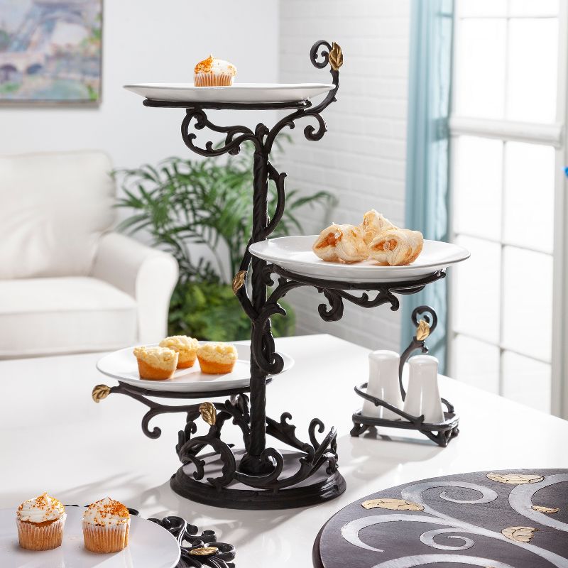 GG Collection Metal Gold Leaf 3-Tier Stand with White Stoneware Plates.