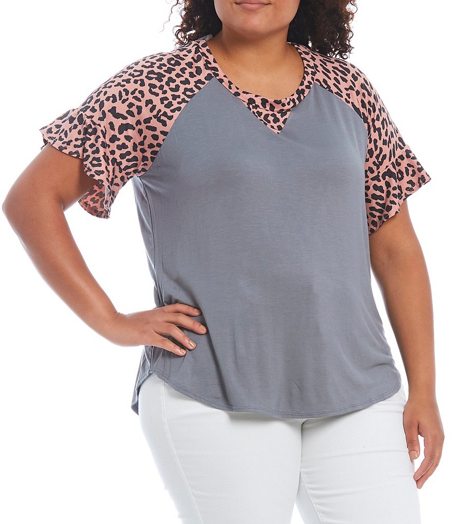 Moa Moa Plus Size Solid Jewel Neck Animal Contrast Short Sleeve Knit Top