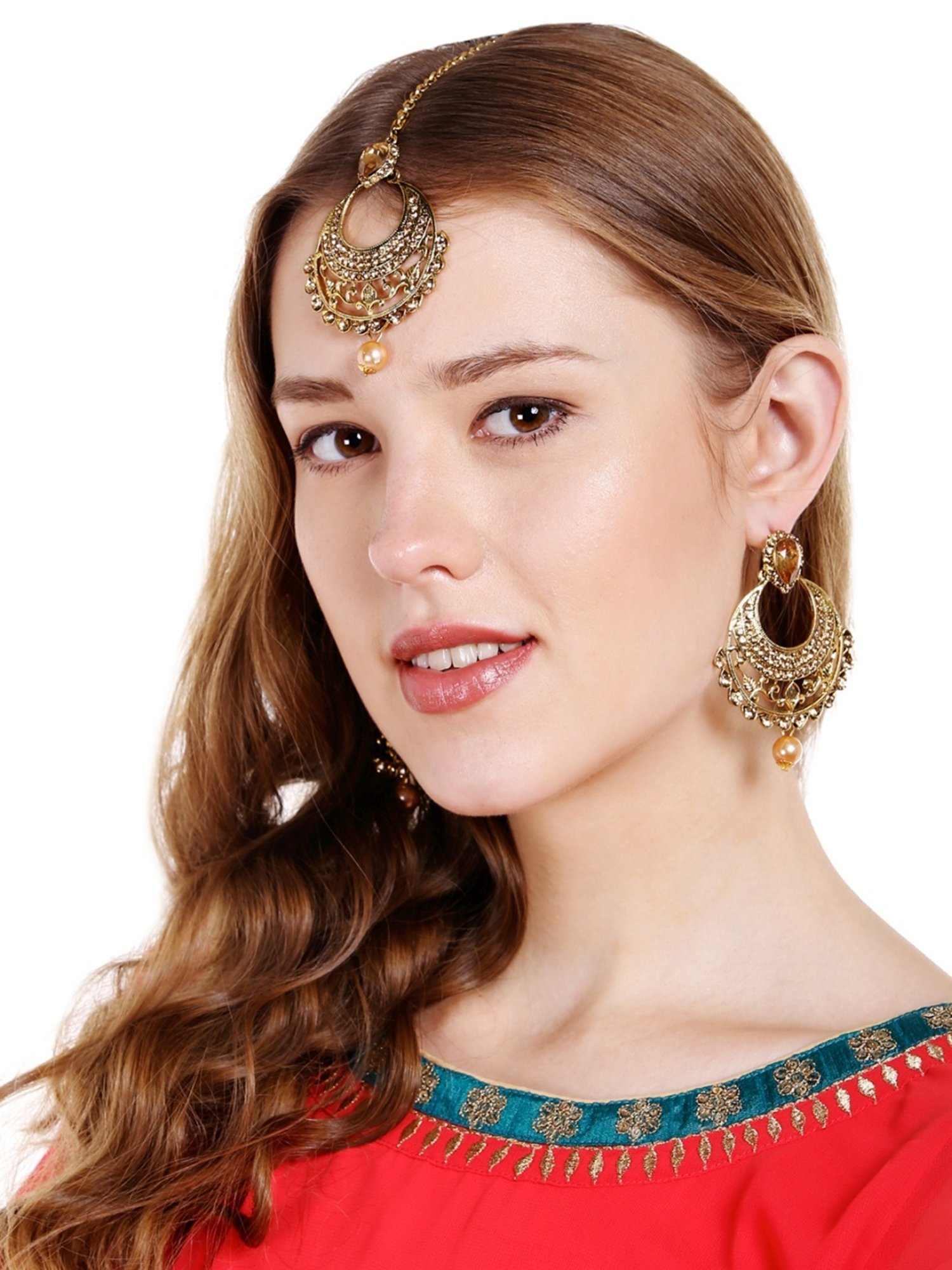 Zaveri Pearls Champagne Gold Alloy Earring & Maang Tikka Set