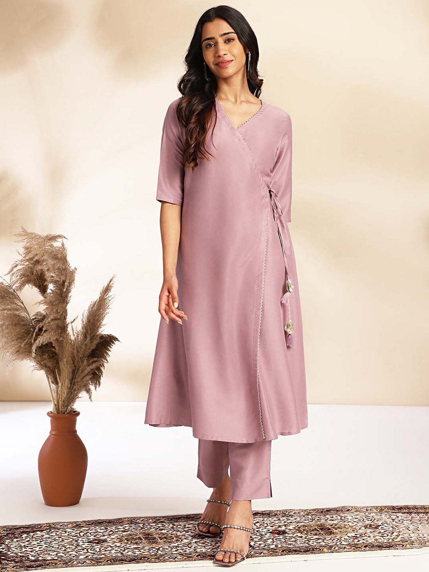 Janasya Pink Regular Fit Kurta Pant Set