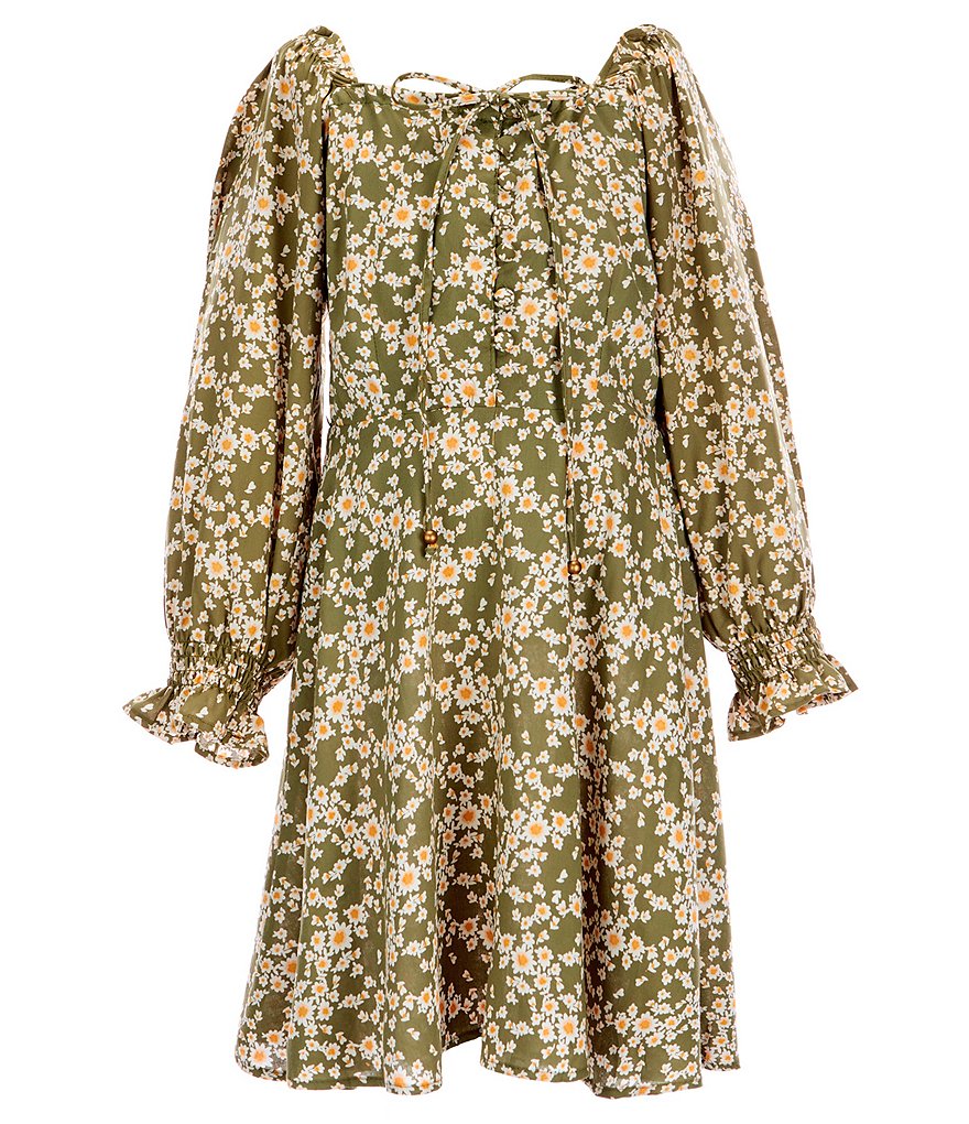 Angie Big Girls 7-16 Blouson-Sleeve Smocked Ditsy-Print Peasant Dress