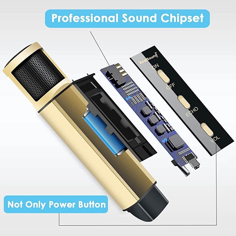 Studio Recording Microphone,  Condenser Broadcast Microphone w/Stand Built-in Sound Card Echo Recording Karaoke Singing for Phone Computer PC Garageband Smule Live Stream & YouTube (Gold)