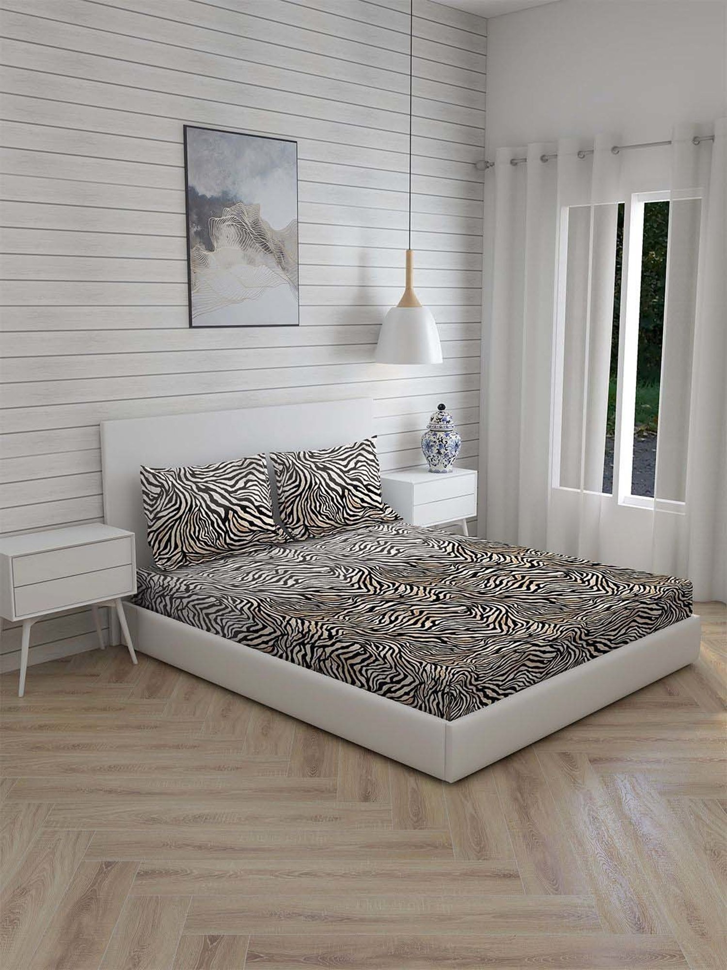 Boutique Living Untamed Black Cotton 270 TC King Size Bed Sheet with Pillow Cover