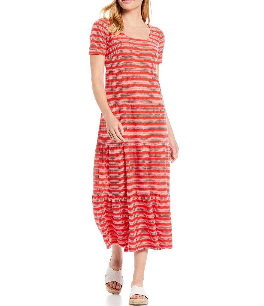 London Times Striped Knit Short Sleeve Tiered Maxi Swing Dress