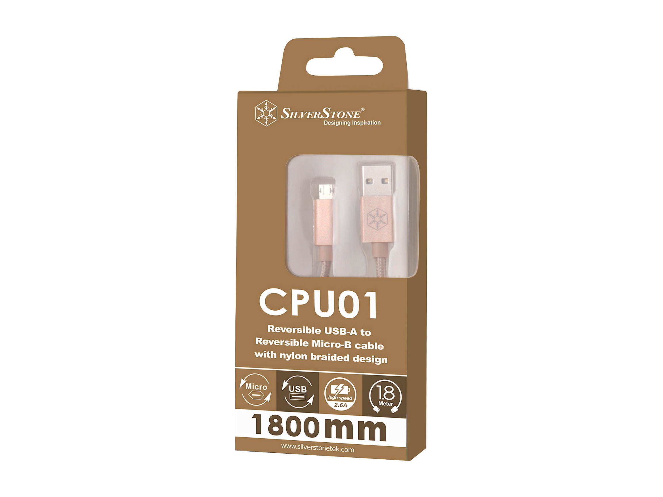SilverStone Technology CPU01G-500 Micro USB Cable for Smartphone / LG / Samsung / Reversible USB-A / Reversible Micro USB-B / 500mm / Gold