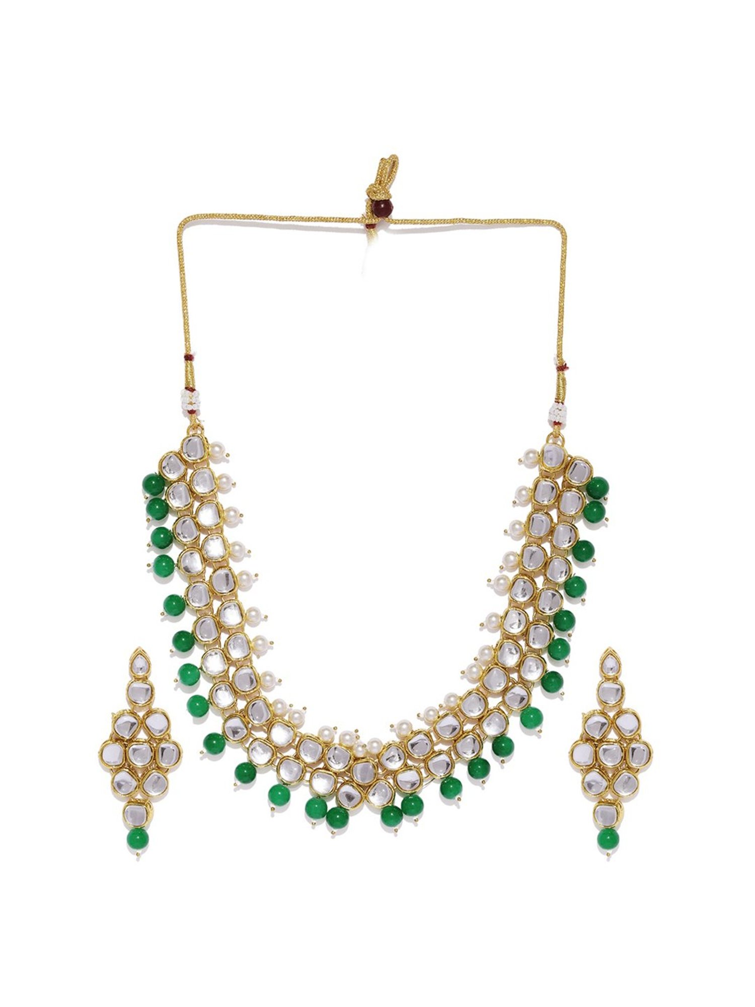 Zaveri Pearls Kundan & Green Beads Elegant Necklace & Earring Set-ZPFK9171