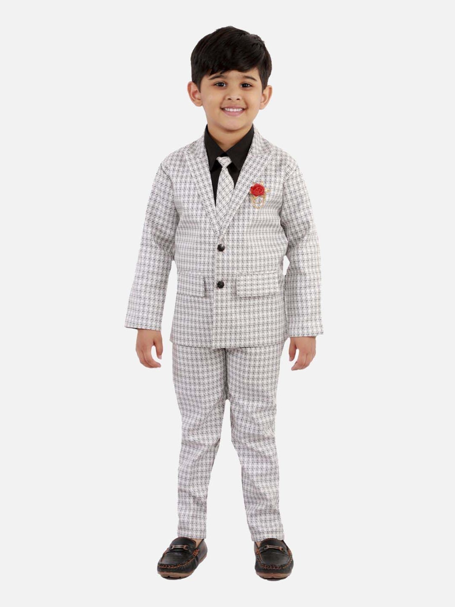 Fourfolds Boys White Checks Full Sleeves Clothing Set