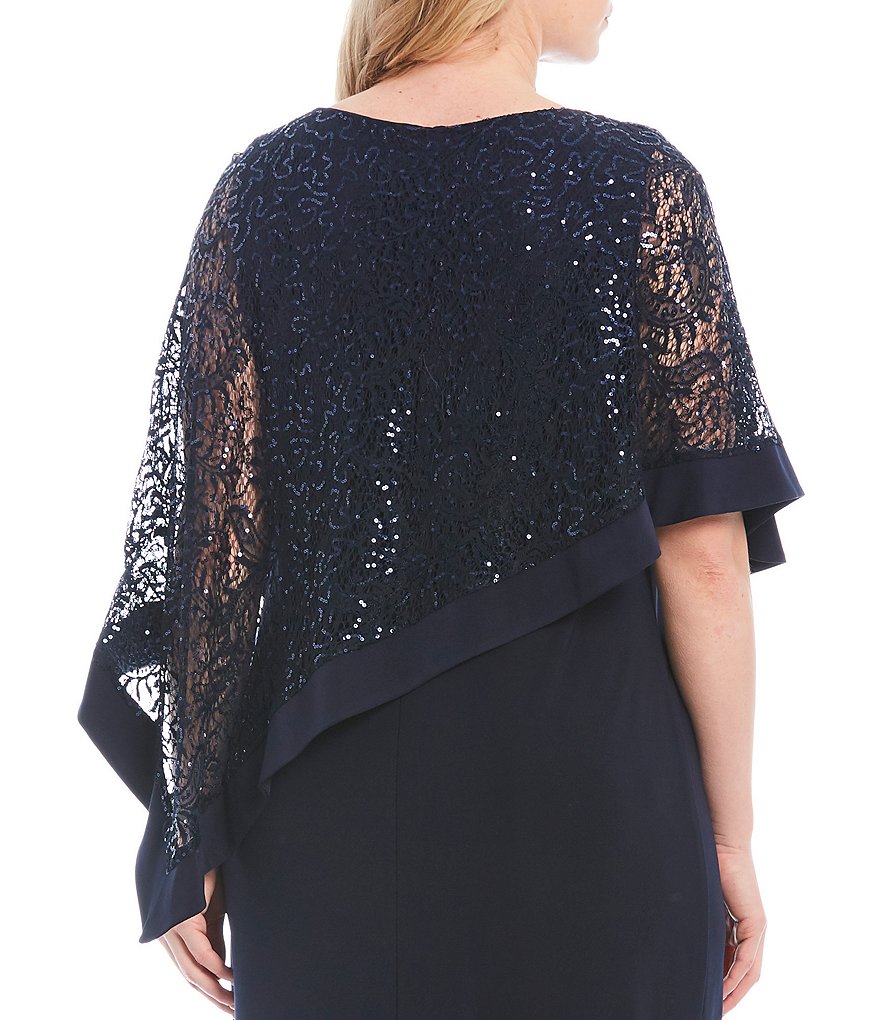 R & M Richards Plus Size Sequin Lace Poncho Overlay 2-Piece Gown